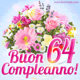 Bouquet animato con rose rosa, margherite e altri fiori colorati, con il numero 64 e la scritta 'Buon Compleanno!' in stile elegante e luminoso.