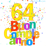 Animazione con il numero 64 in giallo e scritte multicolore 'Buon Compleanno!', accompagnate da una pioggia di stelle e coriandoli colorati.