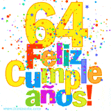 GIF festivo lleno de confeti de colores, el número 64 grande en amarillo y la frase 'Feliz cumpleaños' en letras multicolores y brillantes.