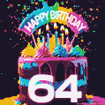 Chocolate cake with number 64 adorned with vibrant multicolored frosting, candles, and a rainbow topper