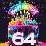 Chocolate cake with cyan layers, pink dressing and a big number 64 adorned with vibrant multicolored frosting, lit candles, and a rainbow topper with text that says 'Happy Birthday'. Animated colorful confetti move behind the cake.
