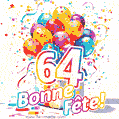 Des confettis animés, des ballons multicolores et un coffret cadeau dans un joyeux GIF de 64e anniversaire