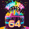 Gâteau au chocolat avec le numéro 64 orné d'un glaçage vibrant, de bougies et d'une décoration arc-en-ciel
