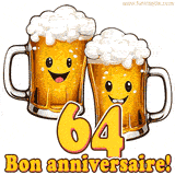 GIF animé humoristique pour un 64e anniversaire avec deux chopes de bière rigolotes, le chiffre 64 et le message 'Bon anniversaire!' sur un fond festif.