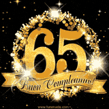 Il numero 65 è circondato da un anello dorato brillante, accompagnato da un nastro elegante con la scritta 'Buon Compleanno!' su uno sfondo scuro.