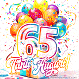 Animazione con palloncini colorati e scintillanti, accompagnata dal numero 65 in caratteri grandi e luminosi, e la scritta 'Tanti Auguri!' in stile vivace.