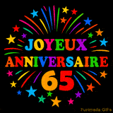 GIF animé 'Joyeux Anniversaire 65' avec des lettres colorées et des feux d'artifice éclatants