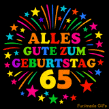 Animiertes GIF 'Alles Gute zum Geburtstag 65 mit bunten Buchstaben und leuchtenden Sternen