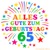 Bunte 'Alles Gute zum Geburtstag' Animation für den 65. Geburtstag mit Sternen und bunten Farben