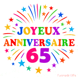 GIF animé joyeux anniversaire 65 ans avec étoiles multicolores et feu d’artifice