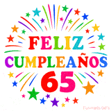 Imagen animada para felicitar los 65 años con letras de colores y diseño festivo.