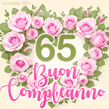 GIF per il 65° compleanno con un cuore di rose rosa e scritta elegante