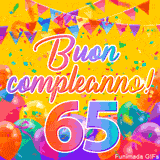 Un GIF animato per un 65° compleanno, Presenta il testo 'Buon Compleanno 65' su uno sfondo giallo vivo con palloncini colorati, festoni e una pioggia di coriandoli.