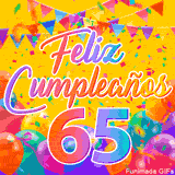 Un GIF animado para un 65º cumpleaños, Muestra el texto 'Feliz Cumpleaños 65' sobre un fondo amarillo vibrante con globos de colores, banderines y una lluvia de confeti.