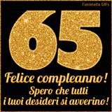 Un GIF animato per un 65° compleanno, Presenta il testo 'Buon Compleanno 65' su uno sfondo giallo vivo con palloncini colorati, festoni e una pioggia di coriandoli.