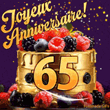 Une animation de célébration d'un gâteau de 65ème anniversaire, Des étoiles dorées tombent du ciel, mettant en valeur le texte 'Joyeux Anniversaire !' et le nombre doré 65 à l'avant du gâteau.