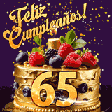 Una animación de celebración de una tarta para el 65º cumpleaños, Estrellas doradas caen del cielo, destacando el texto '¡Feliz Cumpleaños!' y el número dorado 65 en la tarta.