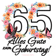 Ein florales GIF zum 65. Geburtstag. Die Zahl '65' ist von animierten Blumen und Schmetterlingen umgeben und bietet eine schöne und fröhliche Art, den Meilenstein zu feiern.