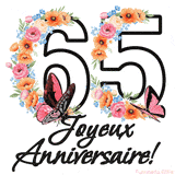 Ce GIF de Joyeux 65ème Anniversaire présente le nombre vingt rempli d'un bouquet vibrant de fleurs animées, avec des papillons qui bougent doucement sur un fond blanc.
