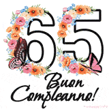 Questo GIF di Buon 65° Compleanno mostra il numero venti riempito con un vibrante bouquet di fiori animati, con farfalle che si muovono dolcemente su uno sfondo bianco.