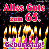 Bunte Konfetti-Punkte regnen auf eine Reihe brennender Kerzenflammen herab. Der Text gratuliert zum 65. Geburtstag in einer modernen Schriftart.