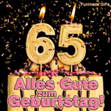 Festliche Torte mit rosa Dekoration und einer brennenden goldenen 65 als Zahlenkerze. Glanzvolles Konfetti rieselt herab. Text: Alles Gute zum Geburtstag!