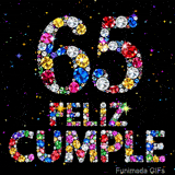 Composición visual donde el número 65 y el texto FELIZ CUMPLE consisten en cristales coloridos vibrantes sobre un fondo negro con luces.
