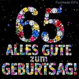 Farbige, glitzernde Edelsteine formen die Ziffer 65 und den Text Alles Gute zum Geburtstag auf schwarzem, von Lichtpunkten erfülltem Hintergrund.