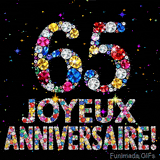 Le chiffre 65 et les mots Joyeux Anniversaire formés de diamants colorés étincelants sur fond noir avec de petites étoiles scintillantes animées.