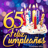 GIF fiesta de 65 años ilustrando el número 65 en oro brillante, un cupcake de cumpleaños y luces bokeh.