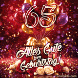 Die goldene Zahl 65 leuchtet zwischen roten goldenen und lila Ballons Geschenkboxen Rosen und Konfetti mit Alles Gute zum Geburtstag auf festlichem Grund