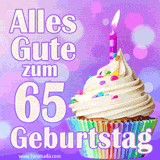 Ein lebendiges Geburtstags-GIF mit einem dekorierten Cupcake, einer Kerze und der Zahl 65 auf einem bunten Hintergrund.