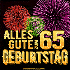 Ein dynamisches animiertes GIF mit buntem Feuerwerk und goldenen Zahlen, die den 65 Geburtstag hervorheben.