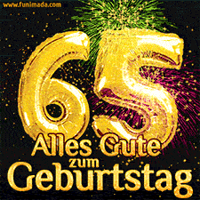 Große goldene Zahlen 65 auf schwarzem Hintergrund, die Worte 'Alles Gute zum Geburtstag' in goldener Schrift und ein spektakuläres Feuerwerk.