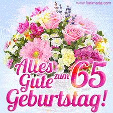 Ein zartes Geburtstags-GIF mit einem bunten Sommerblumenstrauß in einer weißen Teetasse und herzlichen Glückwünschen zum 65. Geburtstag.