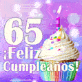 GIF para cumpleaños de 65 con pastel de cumpleaños y los mejores deseos
