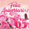 Lindas rosas e borboletas - 65 anos de feliz aniversário GIF