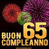 Animazione di fuochi d'artificio colorati con il numero 65 in oro brillante e la scritta 'Buon Compleanno' su uno sfondo nero festivo ed elegante.