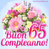 Bouquet animato con rose rosa, margherite e altri fiori colorati, con il numero 65 e la scritta 'Buon Compleanno!' in stile elegante e luminoso.