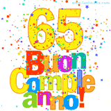 Animazione con il numero 65 in giallo e scritte multicolore 'Buon Compleanno!', accompagnate da una pioggia di stelle e coriandoli colorati.