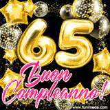 Animazione con palloncini dorati a forma del numero 65, circondati da decorazioni scintillanti e la scritta 'Buon Compleanno!' in caratteri rosa accattivanti.