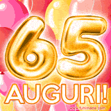 Bouquet animato di palloncini multicolori che emergono da una scatola regalo, con il numero 65 e la scritta 'Tanti Auguri!' su uno sfondo pieno di coriandoli.