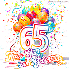 Ein lebendiges Geburtstags-GIF mit bunten Ballons, animiertem Konfetti, der Zahl 65 und den Worten 'Alles Gute zum Geburtstag' in dekorativer Schriftart.
