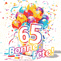 Des confettis animés, des ballons multicolores et un coffret cadeau dans un joyeux GIF de 65e anniversaire