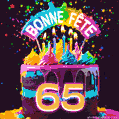 Gâteau au chocolat avec le numéro 65 orné d'un glaçage vibrant, de bougies et d'une décoration arc-en-ciel