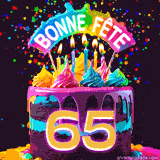 GIF animé pour un 65e anniversaire avec un gâteau au chocolat recouvert de glaçage arc-en-ciel, des bougies allumées, et le texte 'Bonne Fête' sur un fond étoilé et festif.