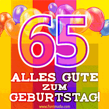 Große Zahl 35 in Umrissschrift, die Worte 'Alles Gute zum 65. Geburtstag', mehrfarbige animierte Ballons und lebendiger Hintergrund.