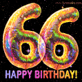 Shiny number 66 birthday celebration balloons with an iridescent glow, animated GIF