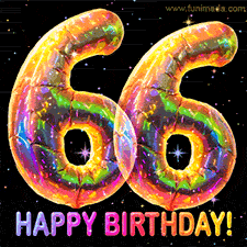 Shiny number 66 birthday celebration balloons with an iridescent glow and glitter on a black background with twinkling stars.