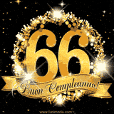 Il numero 66 è circondato da un anello dorato brillante, accompagnato da un nastro elegante con la scritta 'Buon Compleanno!' su uno sfondo scuro.
